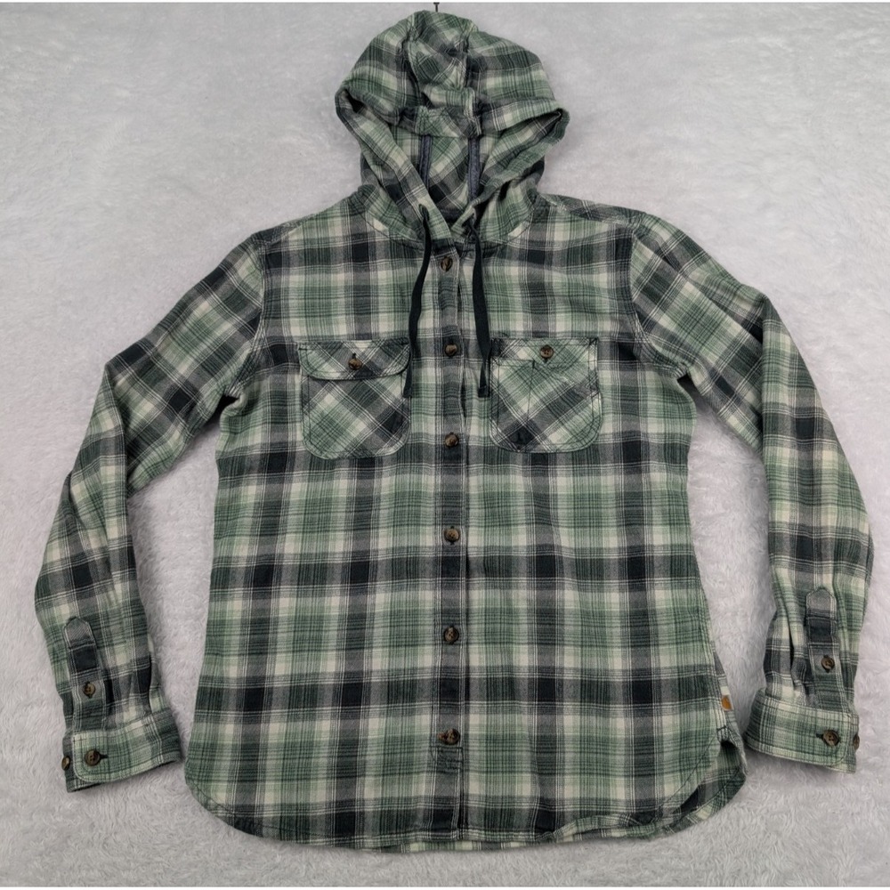 Carhartt Hoodie S - 4/6 Green Plaid Hooded Flannel Shirt Button Up Long Sleeve